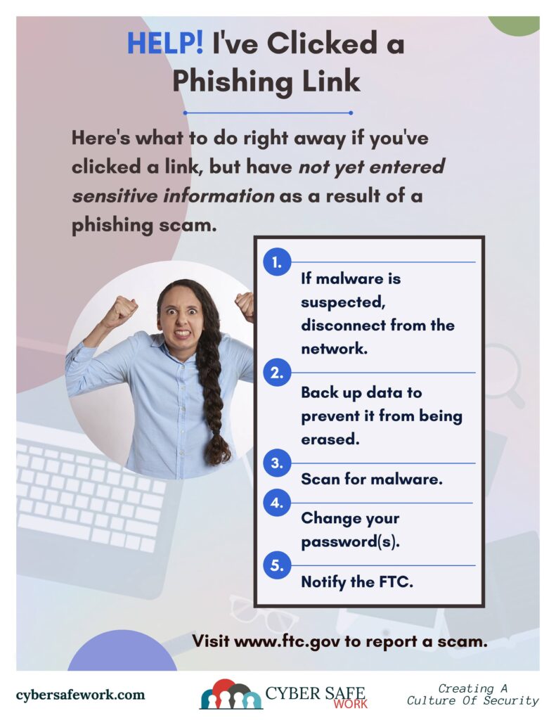 Help! I've clicked a phishing link - What to do if you've clicked a phishing link. free cyber security poster