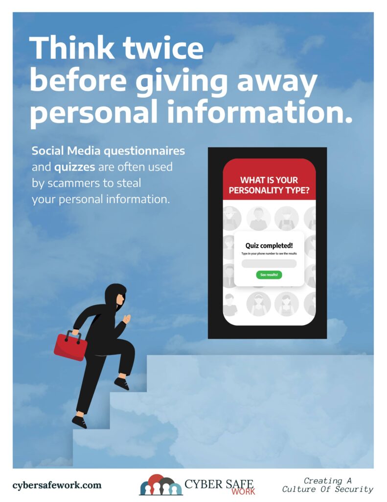 August 2024 free cyber security poster - be careful taking quizzes on social media platforms
