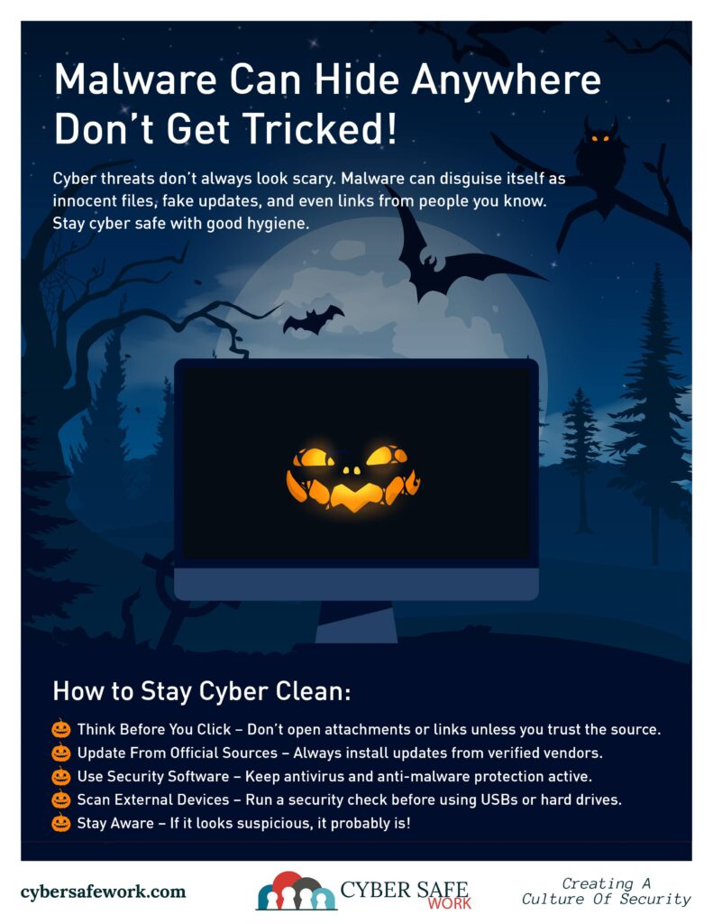 Malware can hide anywhere - don't get tricked spooky halloween free cyber security poster