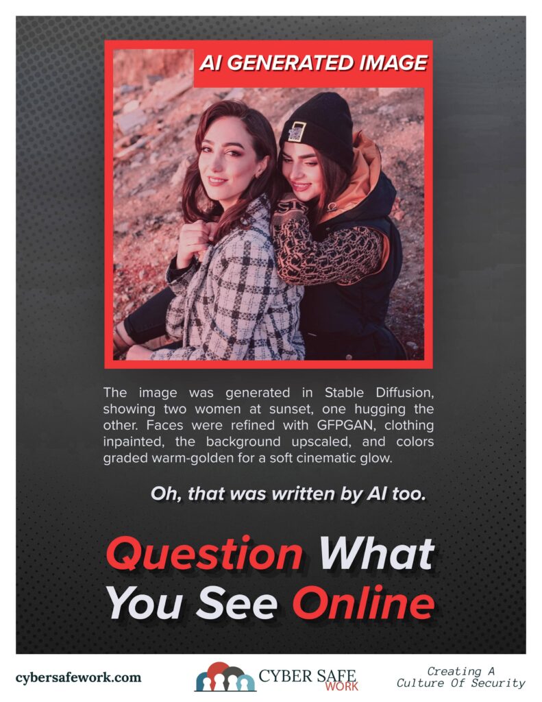 Question what you see online - free cybersecurity poster AI deepfake security