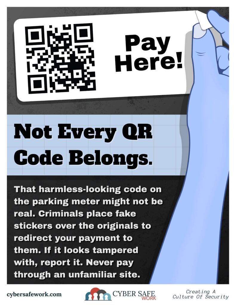 QR Code sticker scam free cyber security poster depicting QR code on a sticker